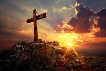Calming jesus christ crucifix on cross on calvary sunset background concept for good friday he is risen in easter day, good friday jesus death on crucifix, world christian and holy spirit religious - obrazy, fototapety, plakaty