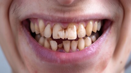 Obraz premium Ugly smile. Closeup open mouth with very bad crooked teeth, caries. Dental problems with oral hygiene. 