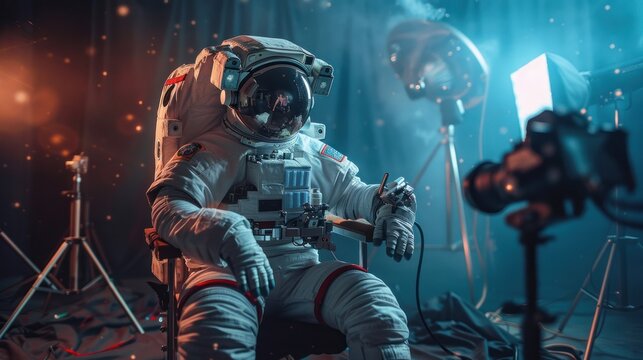 Creative Agency Filming a Video Commercial with an Actor Wearing an Astronaut Costume and is Floating in Outer Space. Backstage 