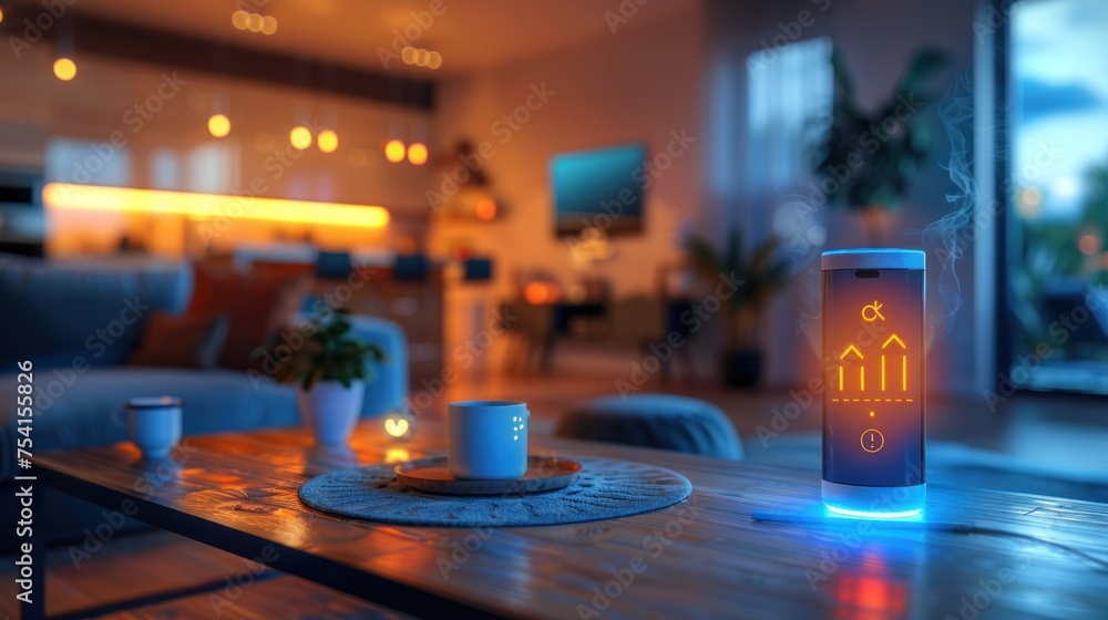 Poster creative smart home device with light theme infographics shown on display with concept icons. person