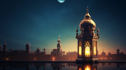 Serene mosque background with glowing lantern: ramadan kareem greeting  