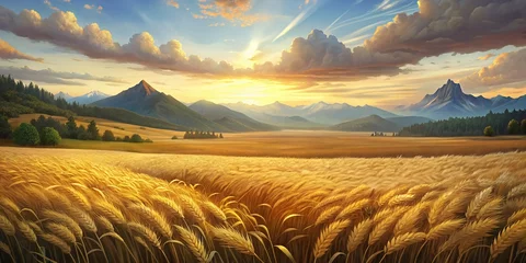 Zelfklevend Fotobehang Beautiful summer landscape. Wheat field and mountain range. Sunrise. © Ajay