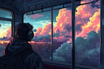 Young man in headphones listens to music from the window of a train at sunset