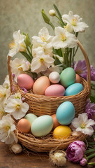Pastel colors Easter basket, flowers and eggs 