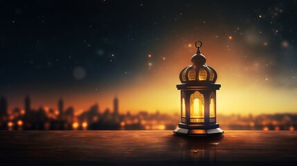 Serene mosque background with glowing lantern: ramadan kareem greeting  