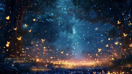 Foto auf Glas Mystical night in the woods, fireflies glowing like stars, casting a spell of beauty and awe. © tonstock
