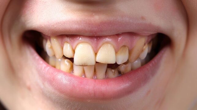 Ugly smile. Closeup open mouth with very bad crooked teeth, caries. Dental problems with oral hygiene. 