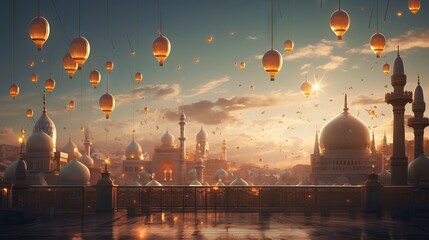 Vibrant ramadan kareem holiday celebration with mosque silhouette and illuminated lanterns in the night sky

 - obrazy, fototapety, plakaty