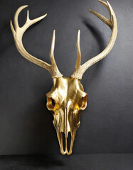 검은 벽에 날카로운 뿔이 있는 호화로운 금 사슴 두개골 사진 스튜디오 조명 제품 사진 하이퍼 현실적