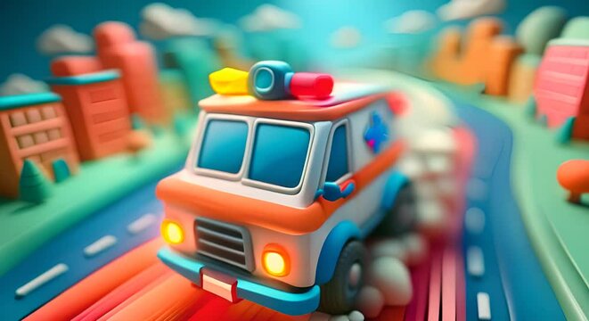 Swift Rescue: A Vibrant Claymation Ambulance on the Move in Toytown
