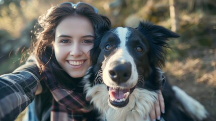 Smiling lady taking selfie with her dog. Woman and her loyal border collie dog