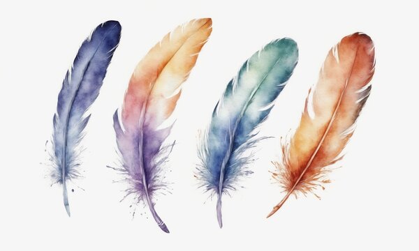 watercolor drawing. Multi-colored feathers on a white background