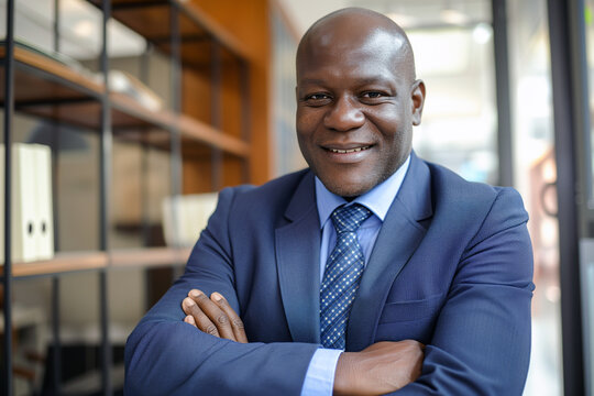 Portrait of a handsome smiling African American businessman in suit at office workplace, professional confident looking senior business man at office, positive looking executive manager wearing blazer
