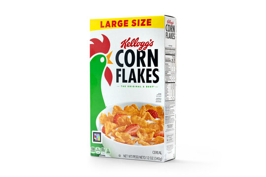 Kellogg's Corn Flakes Cereal Box - Classic Breakfast Staple with Vitamins and Minerals Isolated with Transparent shadow