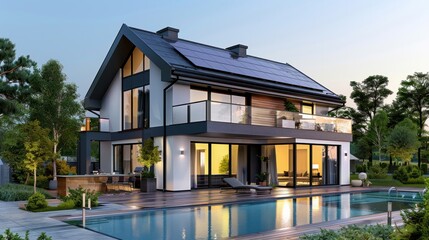 A digital transformation of a suburban house with solar panels appearing on the roof. Installation of Clean Energy Saving Green Eco Solution. Concept of Eco-Renewable Power and a Healthy Environment