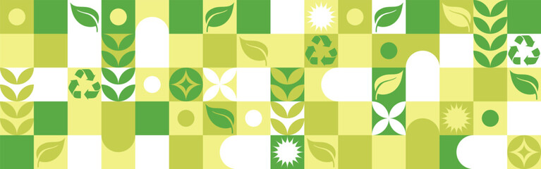 Bio template for ecological social projects, seamless pattern for eco packaging with green flowers. Natural style banner, mosaic of geometric white shapes.