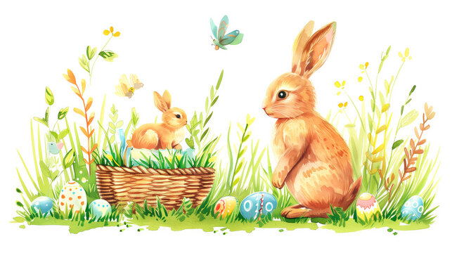 Illustration of colorful pastel Easter eggs, each uniquely painted and rabbits on meadow with grass and daisies