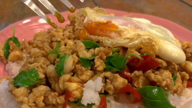 March 8, 2024 - Bangkok, Thailand. A classic Thai dish, Pad Krapow Gui, also known in English as stir fried holy basil chicken. This dish was served over rice with a soft fried egg on top.