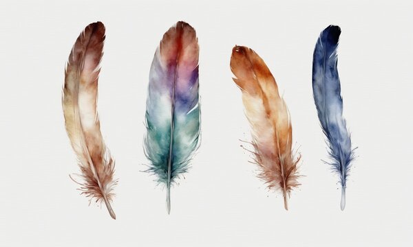 Watercolor feathers set. Hand drawn illustration isolated on white background.