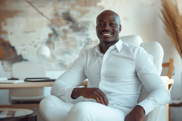 Portrait of a smiling young African American businessman wearing a shirt and sitting on a office chair in minimal workplace background, professional confident young man seated in office, man in office