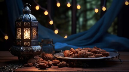 Vibrant ramadan kareem scene: dates for iftar, rosary praying beads, glowing arabic lantern against night sky with crescent moon – cultural and religious celebration
