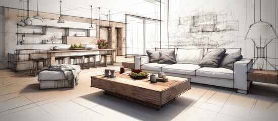 A detailed sketch of a modern living room featuring a sleek couch and a stylish coffee table. The design showcases a cozy and inviting space with a contemporary touch. - obrazy, fototapety, plakaty