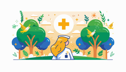Fototapeta premium Abstract vector flat illustration of a nurse in a park with trees and birds, on a white background