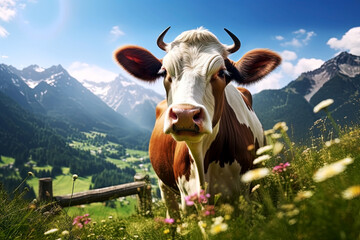 Cow on a summer meadow with flowers and mountains in the background. Generative Ai
