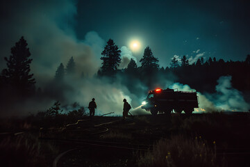 A fire truck sprays water on a fire in the dark night under the moonlight