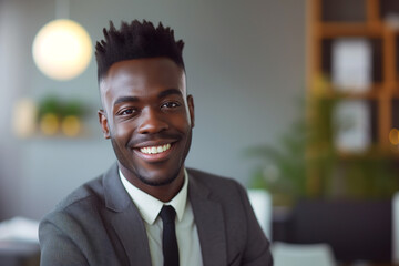 Portrait of a handsome smiling African American businessman in suit at office workplace, professional confident looking young business man at office, positive looking executive manager wearing blazer - obrazy, fototapety, plakaty