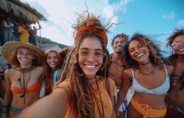 A group of various friends took a selfie in a city, laughing and having fun together. A group of multi-ethnic young people celebrated life with cheerful smiles. The idea of friendship, diversity, yout