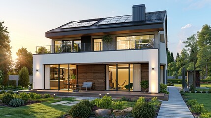 Obraz premium A digital transformation of a suburban house with solar panels appearing on the roof. Installation of Clean Energy Saving Green Eco Solution. Concept of Eco-Renewable Power and a Healthy Environment