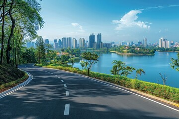 The picturesque road winds past a peaceful lake garden before reaching the bustling city skyline.