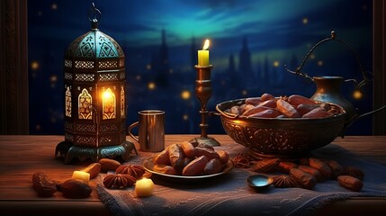 Vibrant ramadan kareem scene: dates for iftar, rosary praying beads, glowing arabic lantern against night sky with crescent moon – cultural and religious celebration
 - obrazy, fototapety, plakaty