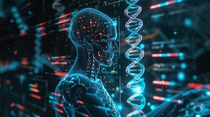 Science hologram medical screen DNA data analysis body research futuristic background DNA infographic scan health 3D technology digital medicine human graph human technology interface