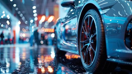 Luxury cars shine under bright lights at an exclusive motor show event, drawing admiring glances from attendees.
