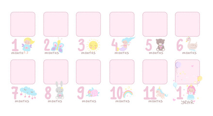 Baby monthly photo frames. Baby milestone blanket with frame. Milestone cards for girl. Vector illustrations isolated on white background.Baby shower gift. 