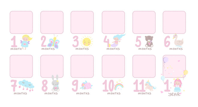 Baby monthly photo frames. Baby milestone blanket with frame. Milestone cards for girl. Vector illustrations isolated on white background.Baby shower gift. 