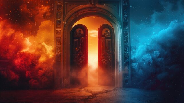 Doors to heaven and hell representing Christian belief and afterlife 8k