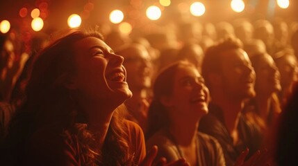 Happy crowd cheering and clapping, having a great time at a lively show.