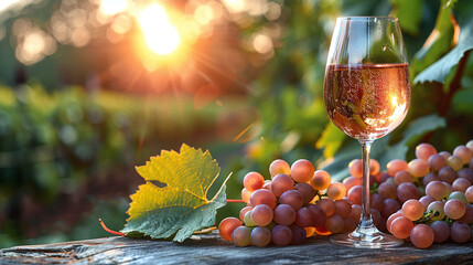 A glass of wine and a bunch of grapes lie on the table, against the backdrop of a landscape with...