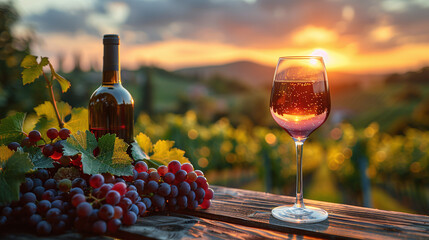 A glass of wine and a bottle of wine stand on the table, against the backdrop of a landscape with...