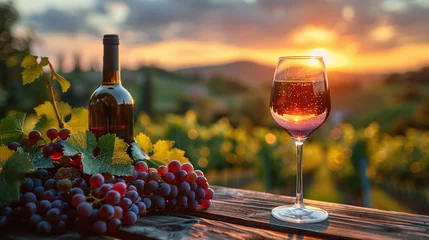Foto auf Acrylglas A glass of wine and a bottle of wine stand on the table, against the backdrop of a landscape with vineyards © Ruslan