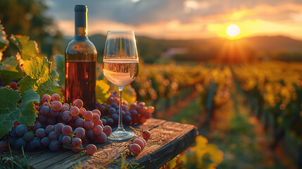 A glass of wine and a bottle of wine stand on the table, against the backdrop of a landscape with...