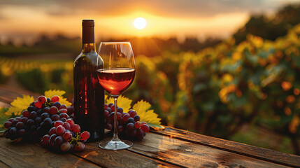 A glass of wine and a bottle of wine stand on the table, against the backdrop of a landscape with vineyards
