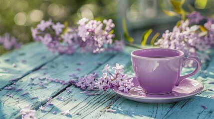 a purple cup and saucer stand on a shabby blue wooden surface It is surrounded by delicate lilac flowers, some of which have fallen onto the saucer, adding to the charming aesthetic