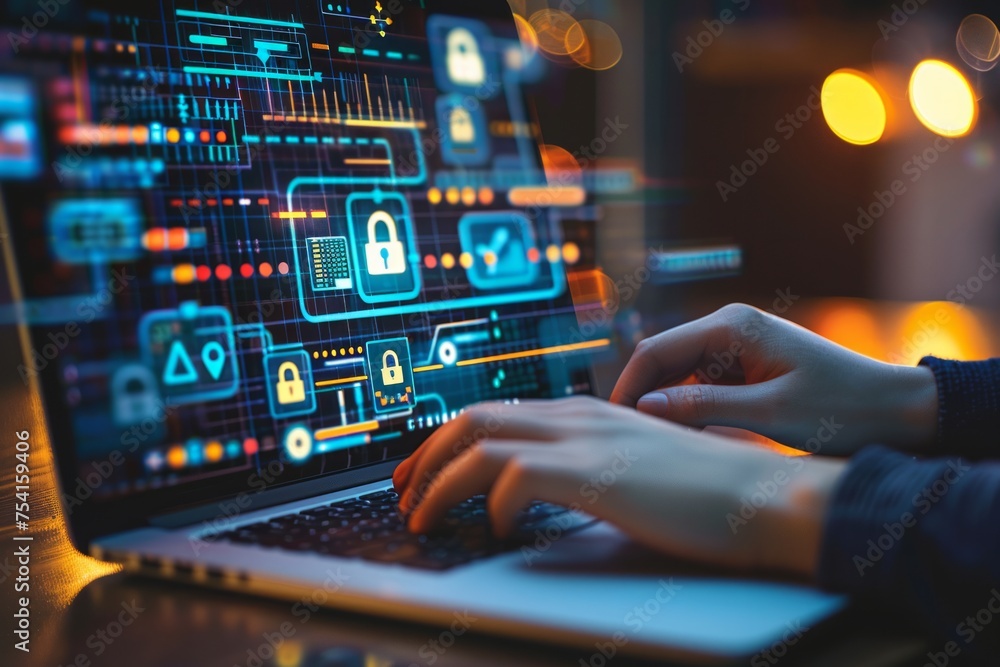 Aufkleber conceptual image of cybersecurity on a digital interface with hands on a laptop.