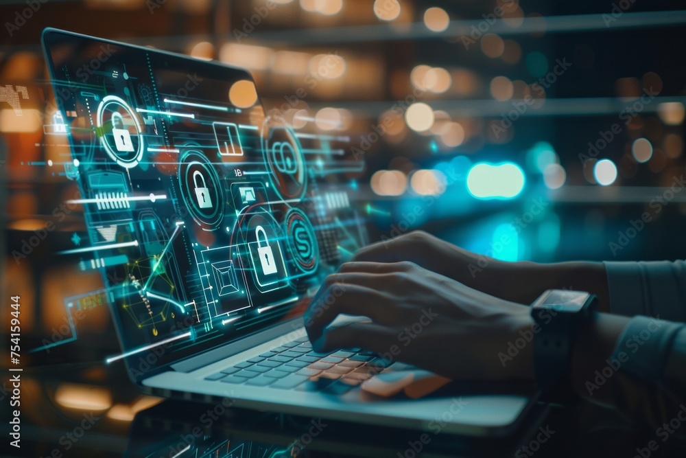 Aufkleber conceptual image of cybersecurity on a digital interface with hands on a laptop.