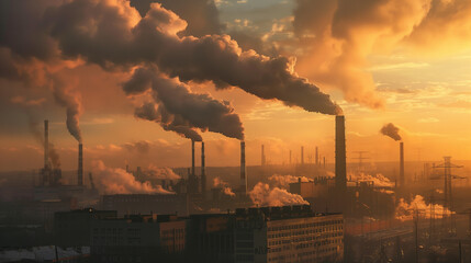 industrial view of factory with smoke coming out of chimney. Ai generated Images - obrazy, fototapety, plakaty