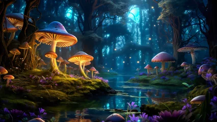 Deurstickers An enchanted forest in the night, with luminescent plants and mushrooms © Adrian Grosu